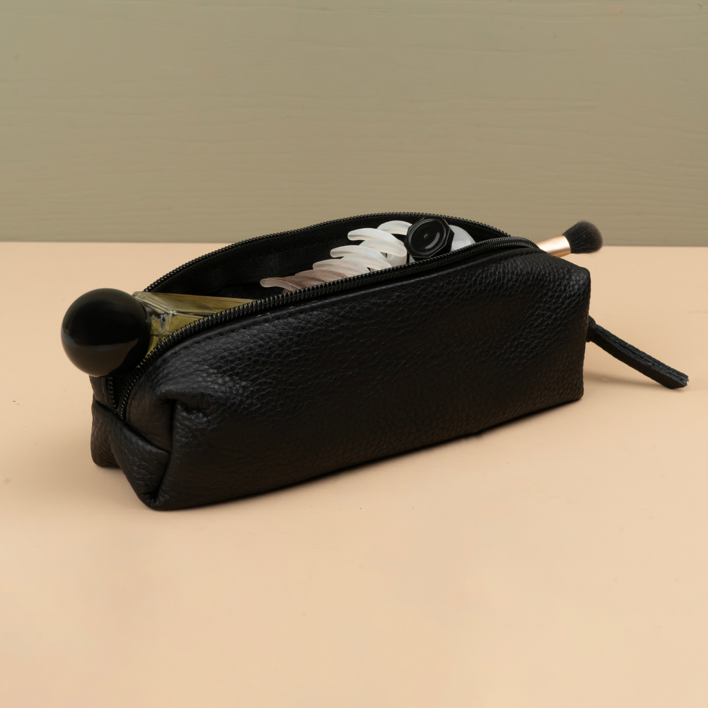 Aurora black leather makeup bag detail