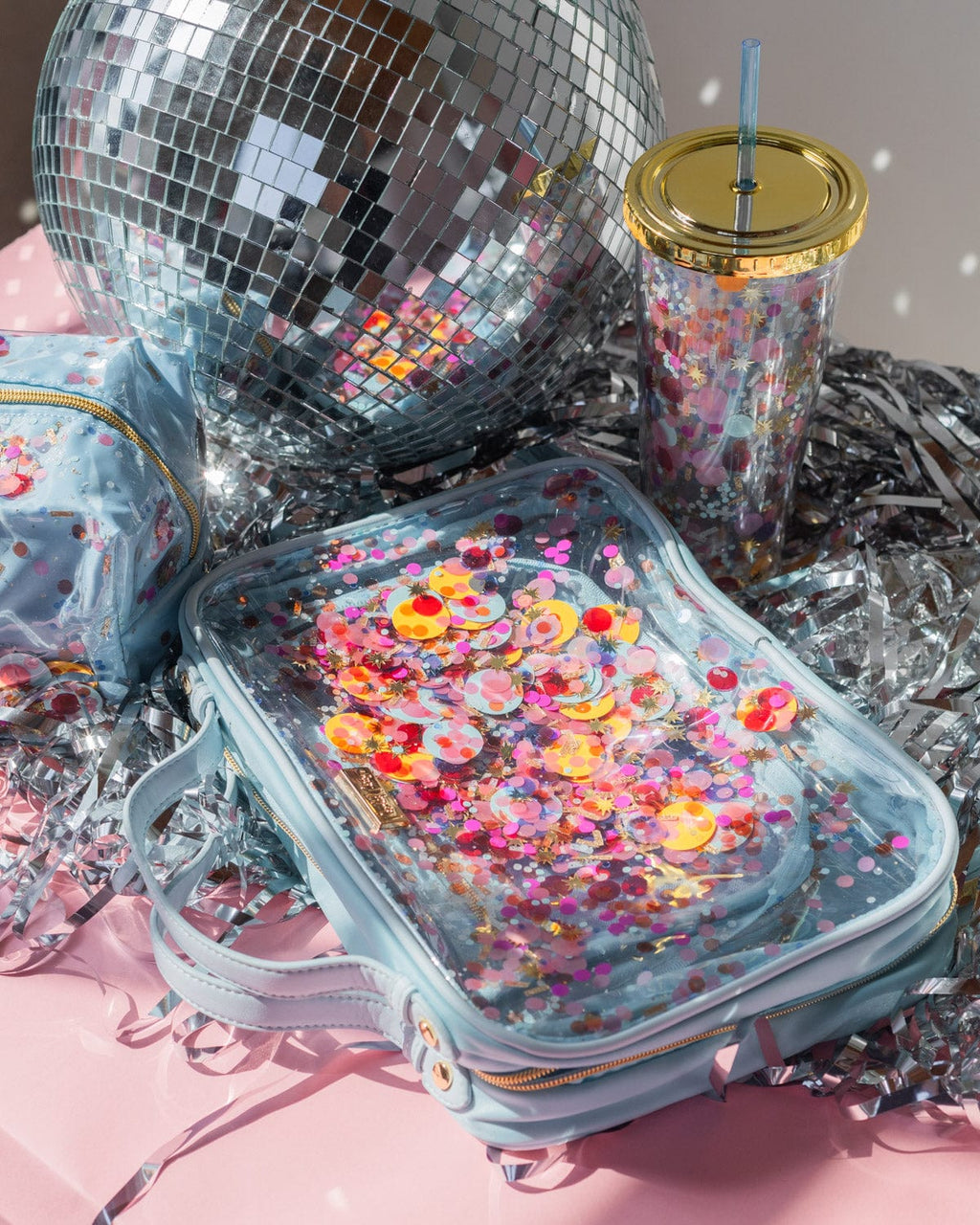 Clear vinyl confetti makeup bag for travel organization