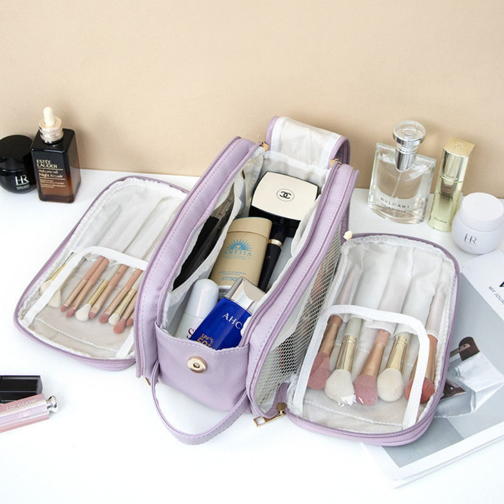 Travel beauty organizer with handle and divided storage