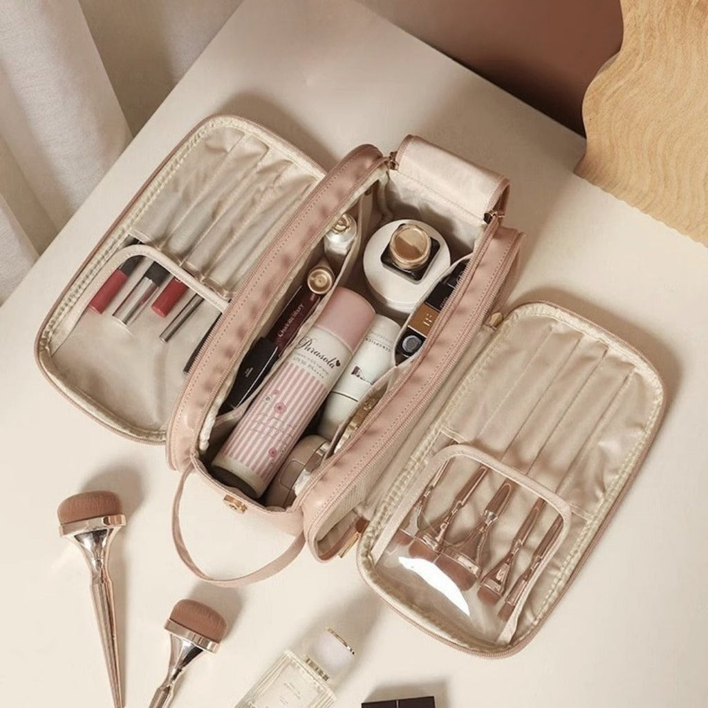 Large compartment makeup bag with organized storage