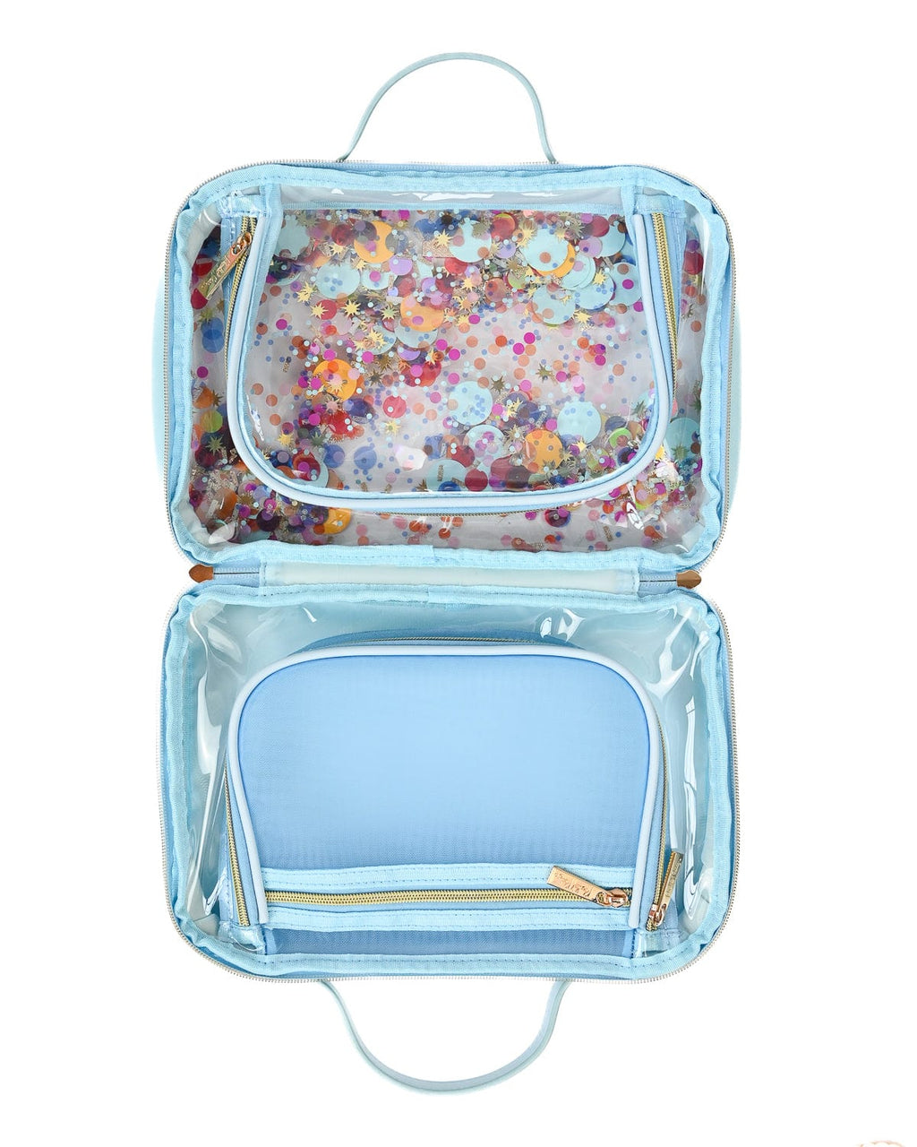 Confetti travel cosmetic case with three zippered compartments