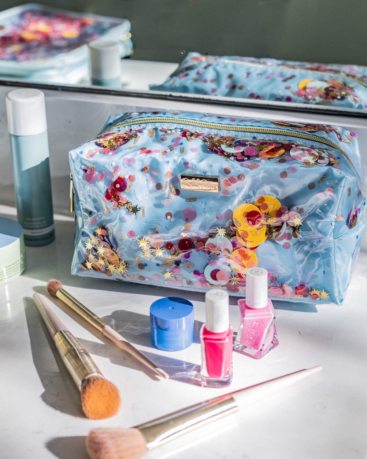 Clear vinyl cosmetic bag with colorful confetti