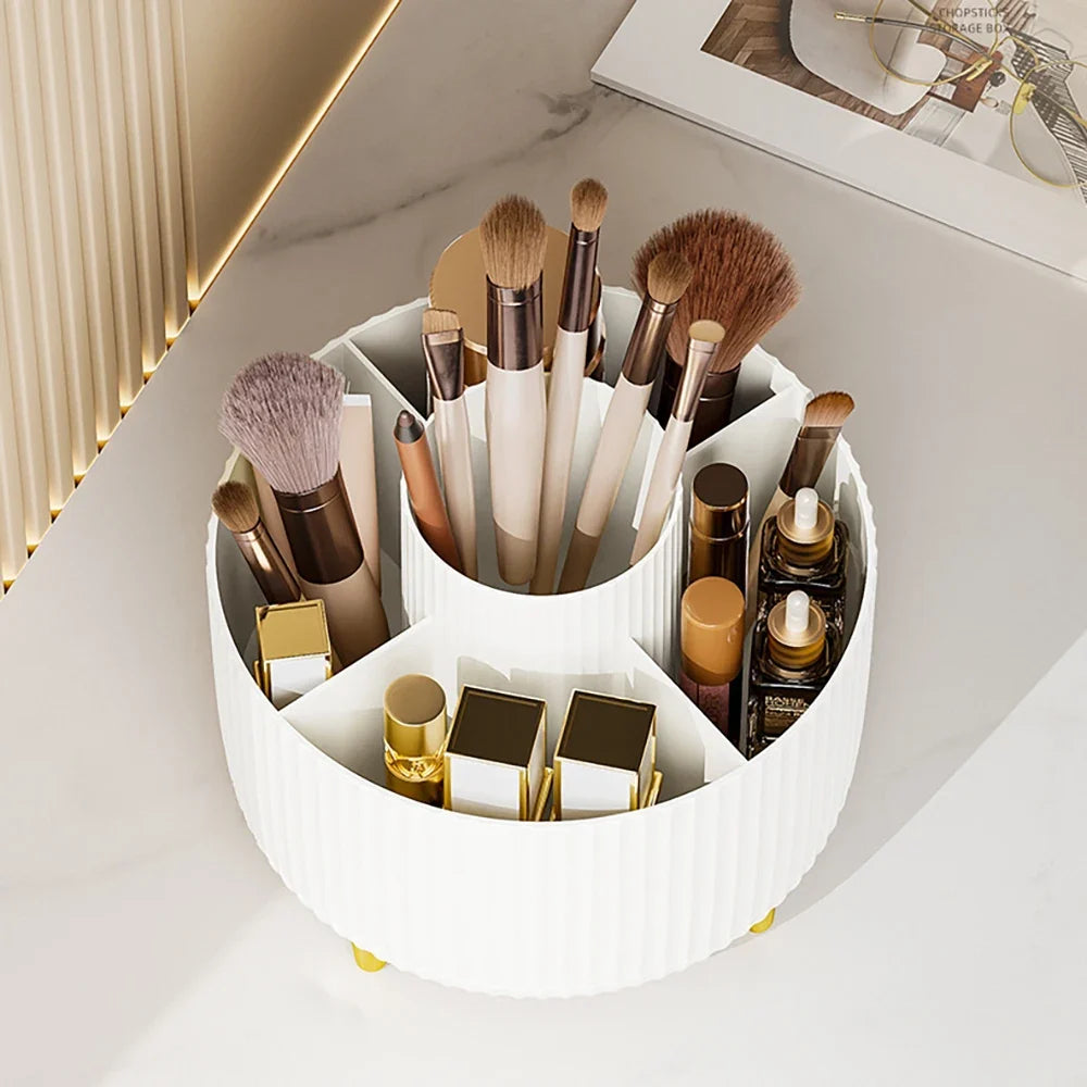 360-degree cosmetic storage organizer with multiple compartments