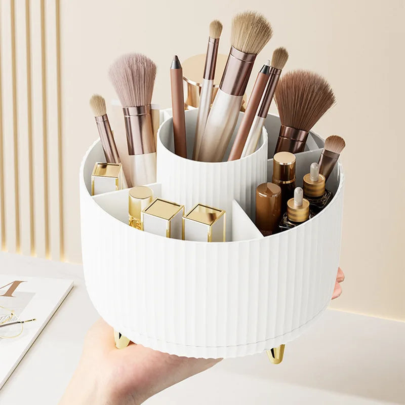 Rotating desktop cosmetic organizer for brushes and lip products
