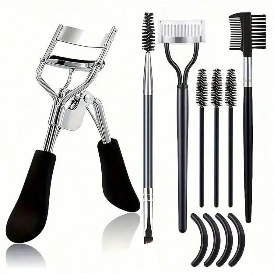 11-piece lash and brow grooming kit with eyelash curler and tools
