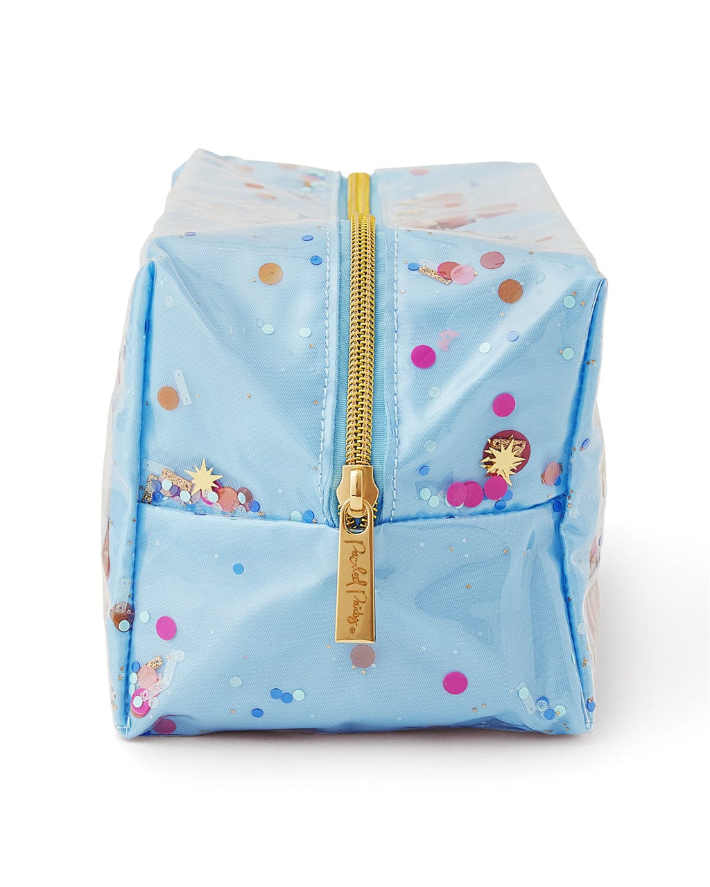 Confetti-filled cosmetic organizer with gold-tone hardware