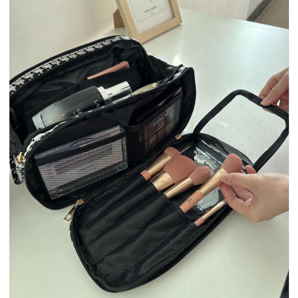 Structured cosmetic bag for makeup, skincare and brushes