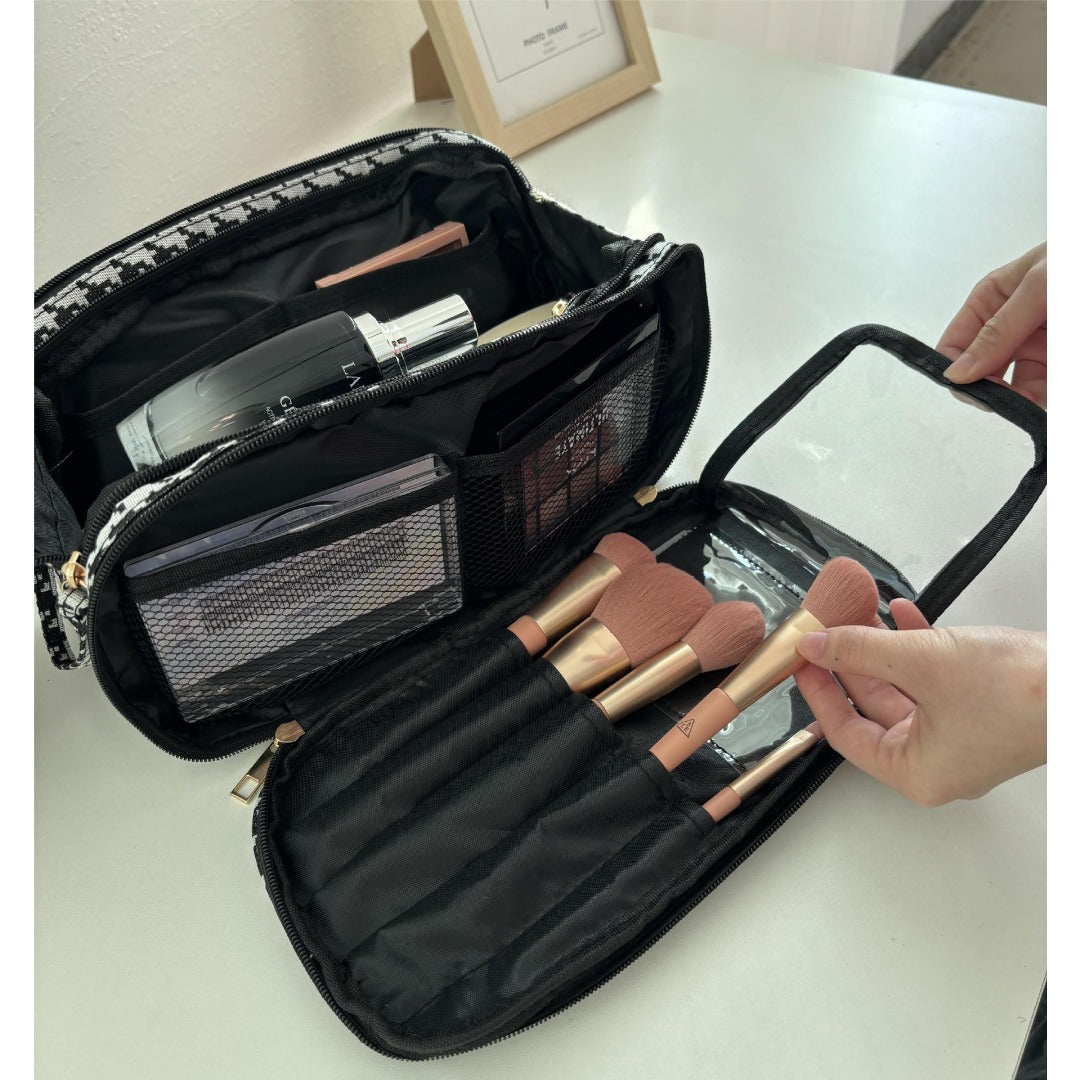 Structured cosmetic bag for makeup, skincare and brushes