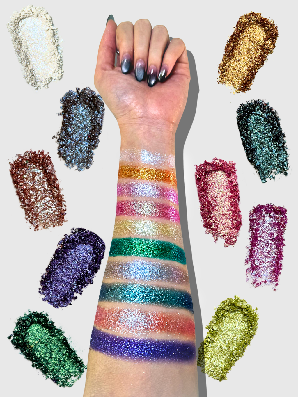 Diamond of All Seasons pressed pigment hand swatches